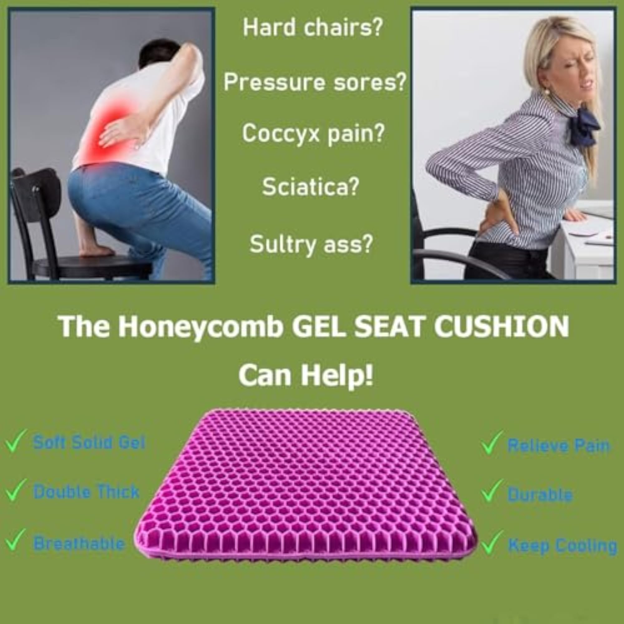 Double Thick Gel Seat Cushion for Long Sitting Comfort